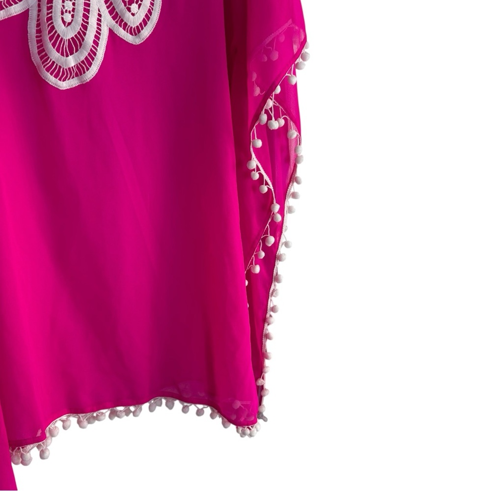 CLUB Z COLLECTION Hot Pink Sheer Kaftan/Swim Cover Up w/ Poms --Flaw - Picture 6 of 12